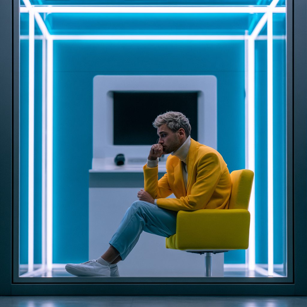 A person seated alone inside a glowing glass enclosure beside a blank monitor.