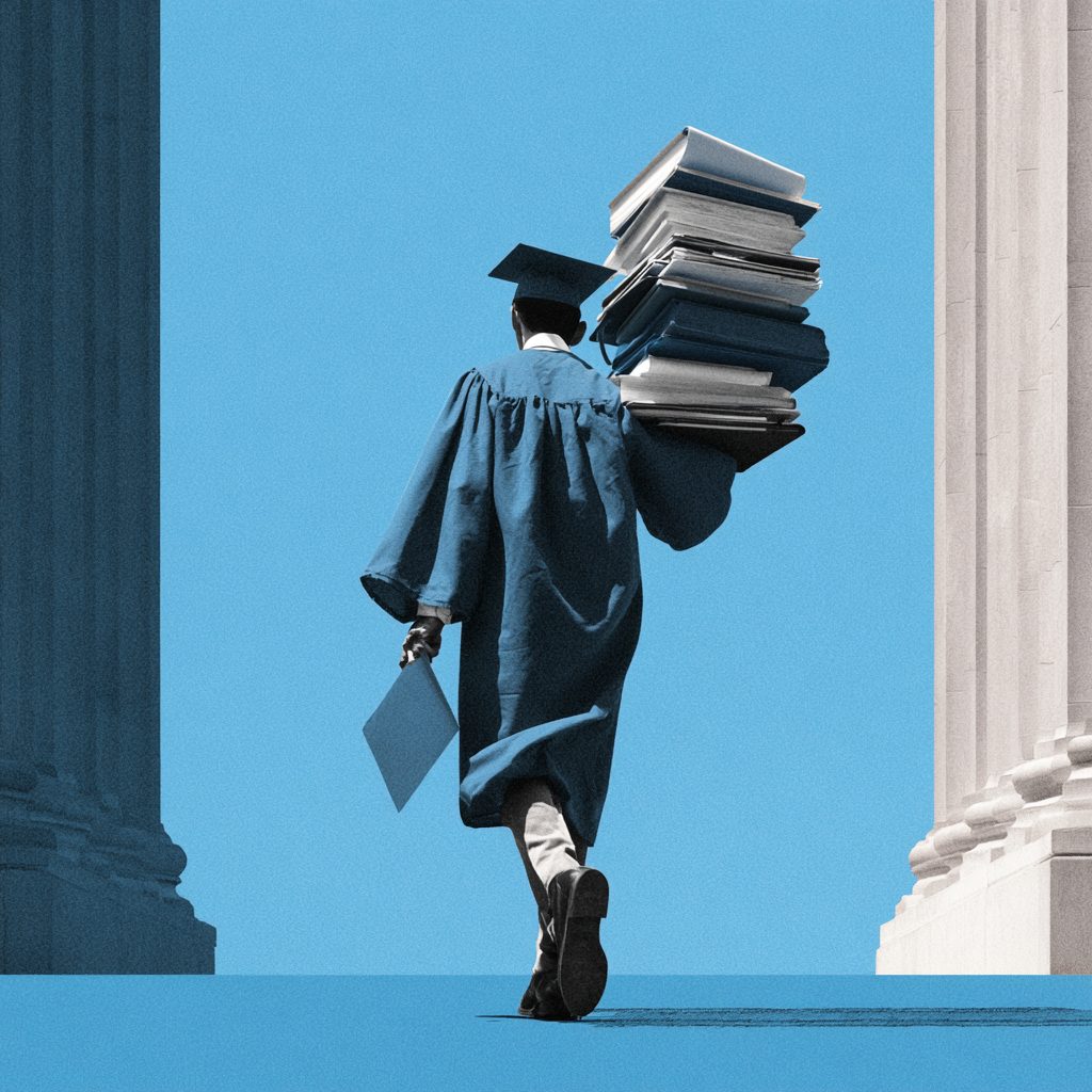 A graduate in cap and gown walks between two classical columns carrying a tall stack of books and files.