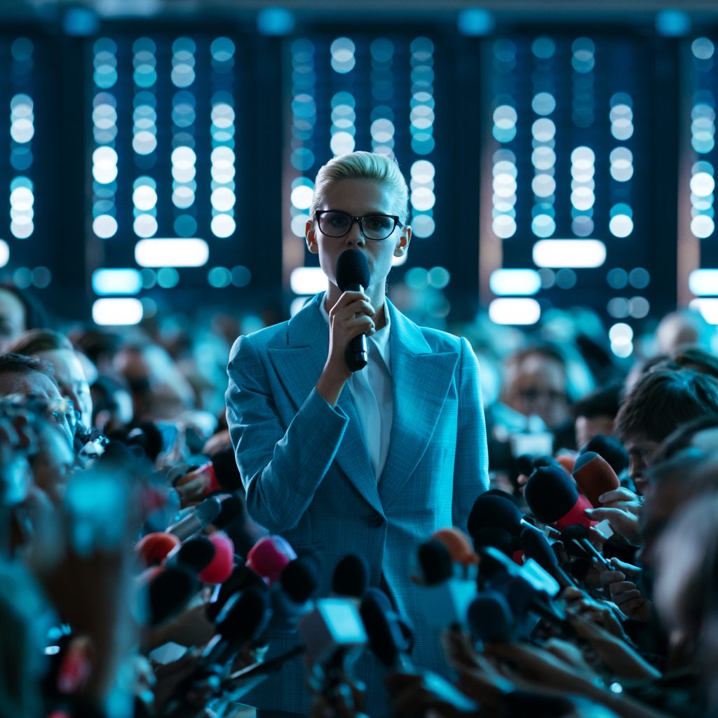 An executive stands alone facing a dense bank of press microphones under cold blue light.